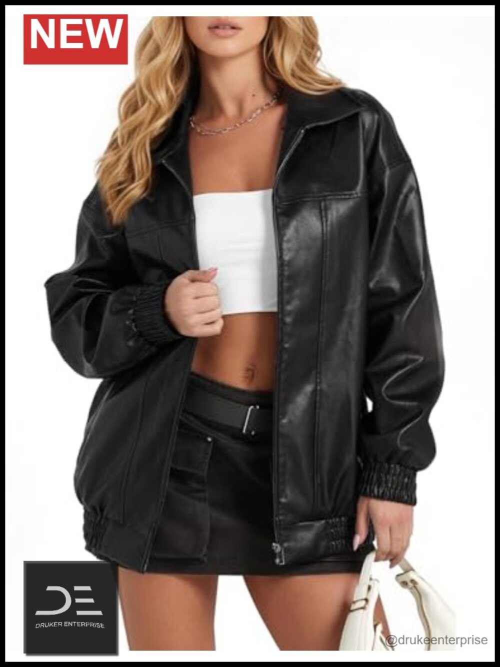 Womens Faux Leather Jacket Oversized Bomber Zip Up Fall Coat